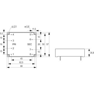 Technische Zeichnung eines elektronischen Bauteils. Zeigt Maße und Anschlusspositionen der primären (PRI) und sekundären (SEC) Kontakte.