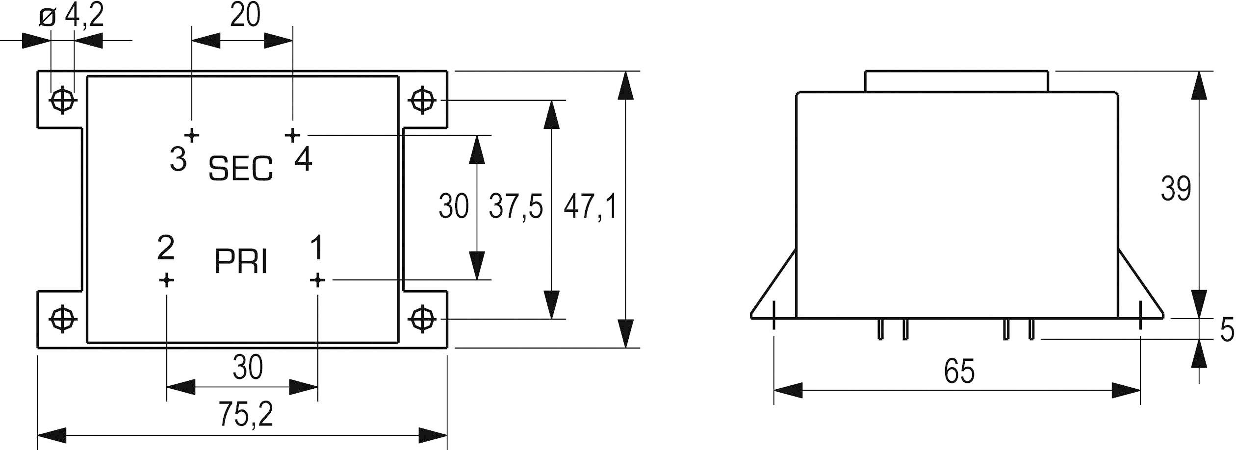 Technische Zeichnung eines Transformators mit Abmessungen: Breite 75,2 mm, Höhe 47,1 mm. Primär- und Sekundäranschlüsse markiert.
