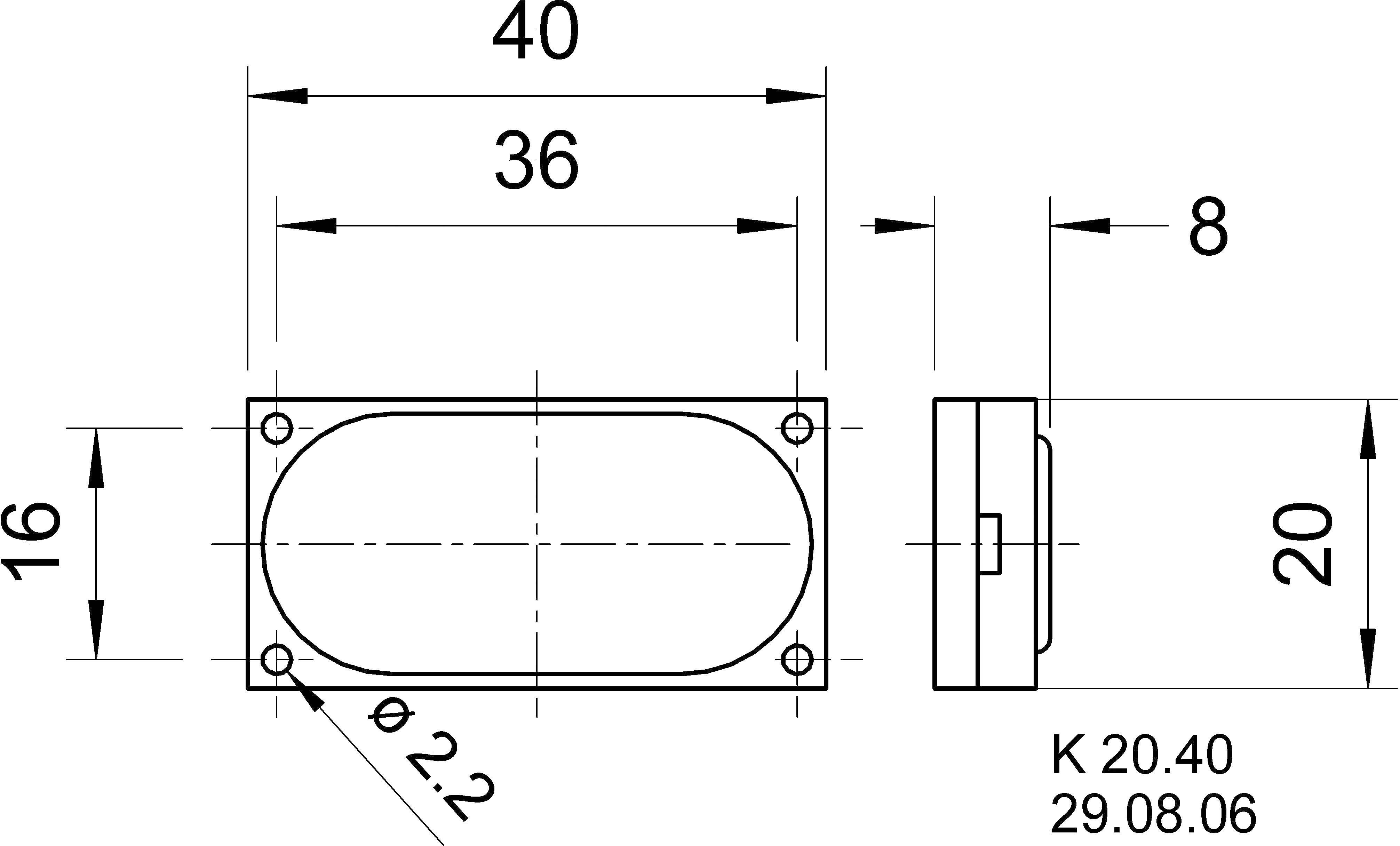 Technische Zeichnung eines ovalen Bauteils mit Bemaßungen: Länge 40 mm, Breite 16 mm, Höhe 20 mm, Lochdurchmesser 2,2 mm.