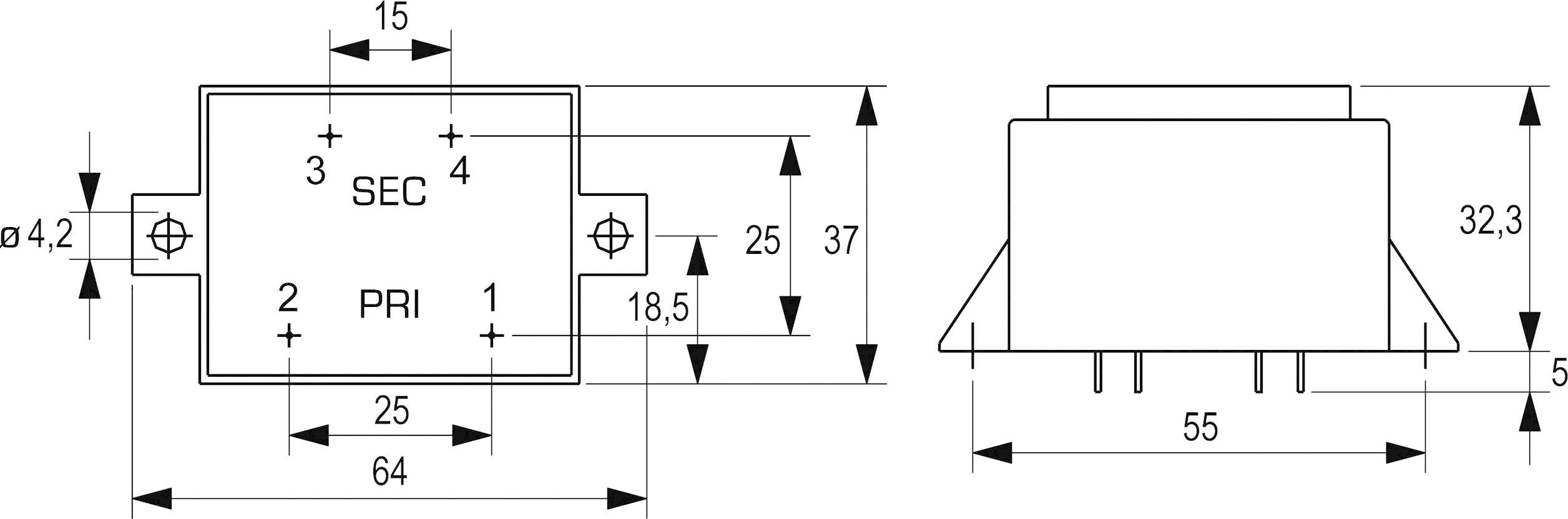 Technische Zeichnung eines Transformators mit Anschlüssen, Maßangaben und Ansichten von vorne und von der Seite.