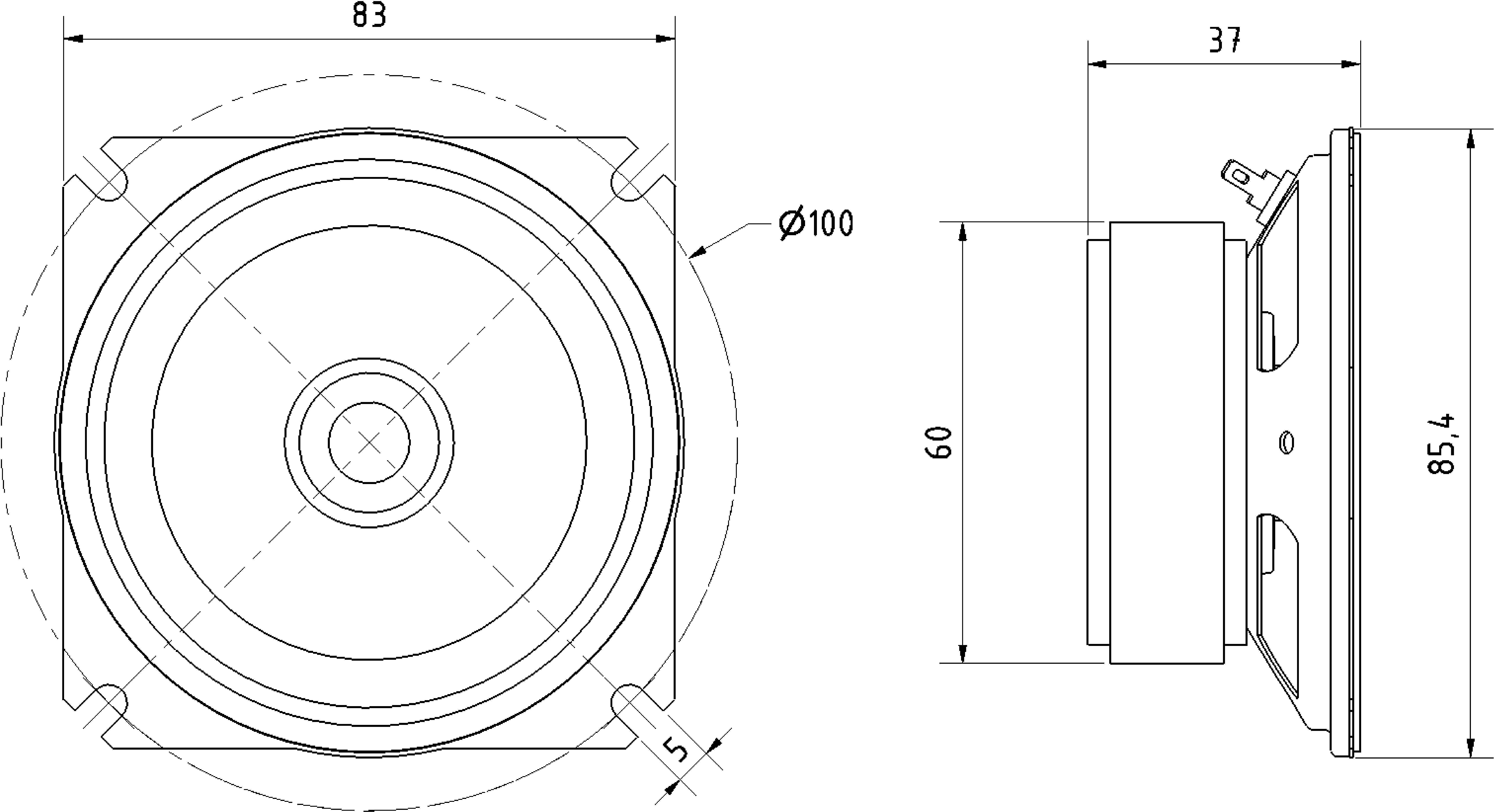 Technische Zeichnung eines Lautsprechers. Links ist eine Frontansicht mit Maßen, rechts eine Seitenansicht mit Höhenangaben.