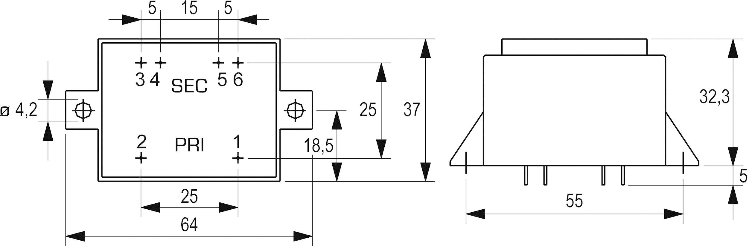 Technische Zeichnung eines rechteckigen elektrischen Bauteils mit Maßen und Anschlussbezeichnungen. Links Vorderansicht, rechts Seitenansicht.