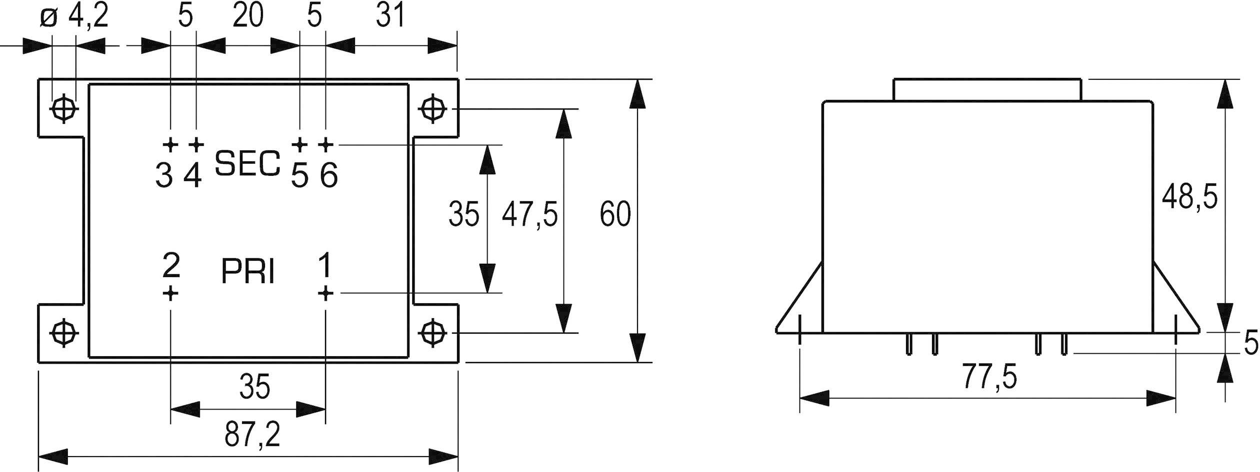 Transformator-Maßzeichnung mit zwei Ansichten: Obenansicht und Seitenansicht. Maße in Millimetern, Hauptabmessungen: 87,2 x 60 x 48,5.