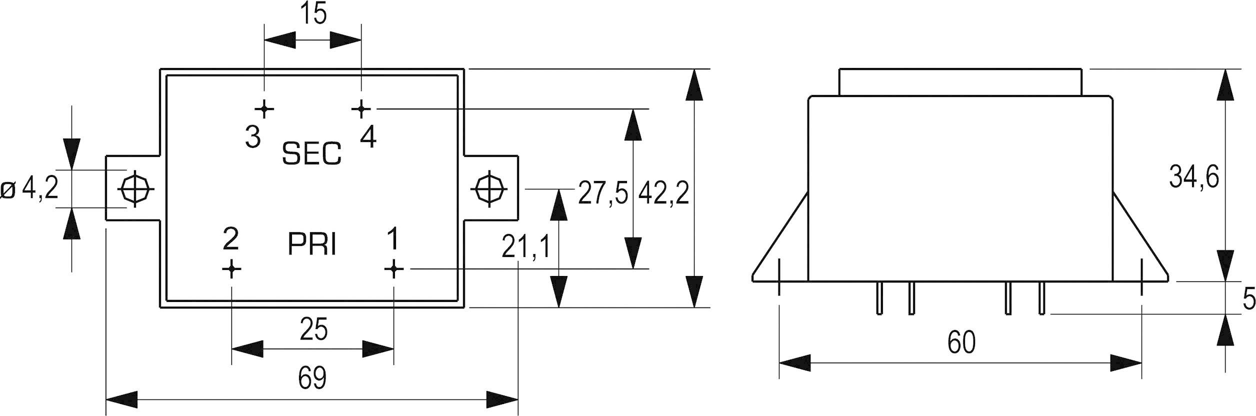 Technische Zeichnung eines Transformators mit Abmessungen: Länge 69 mm, Breite 60 mm, Höhe 34,6 mm, Anschlüsse 'SEC' und 'PRI'.