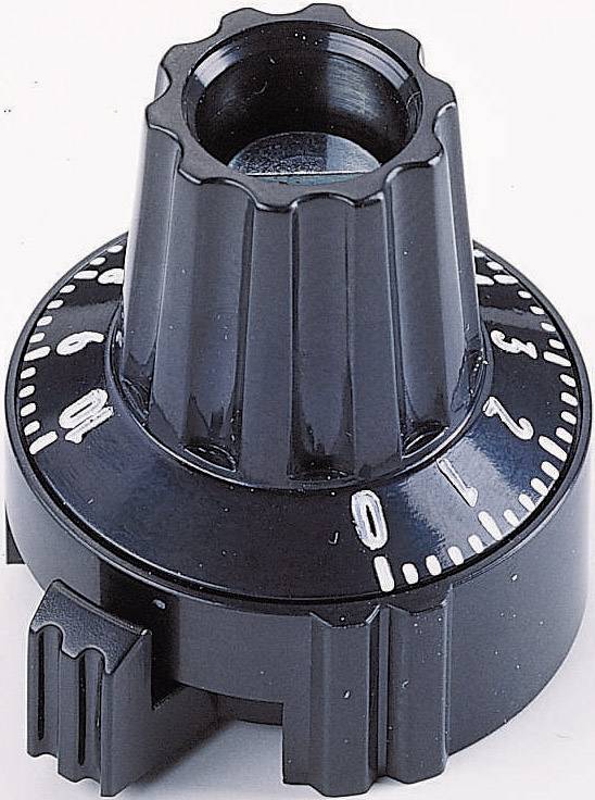 Schwarzer Drehknopf mit Markierungen von 0 bis 9, typisch für Lautstärkeregler oder technische Steuerungen an Geräten.