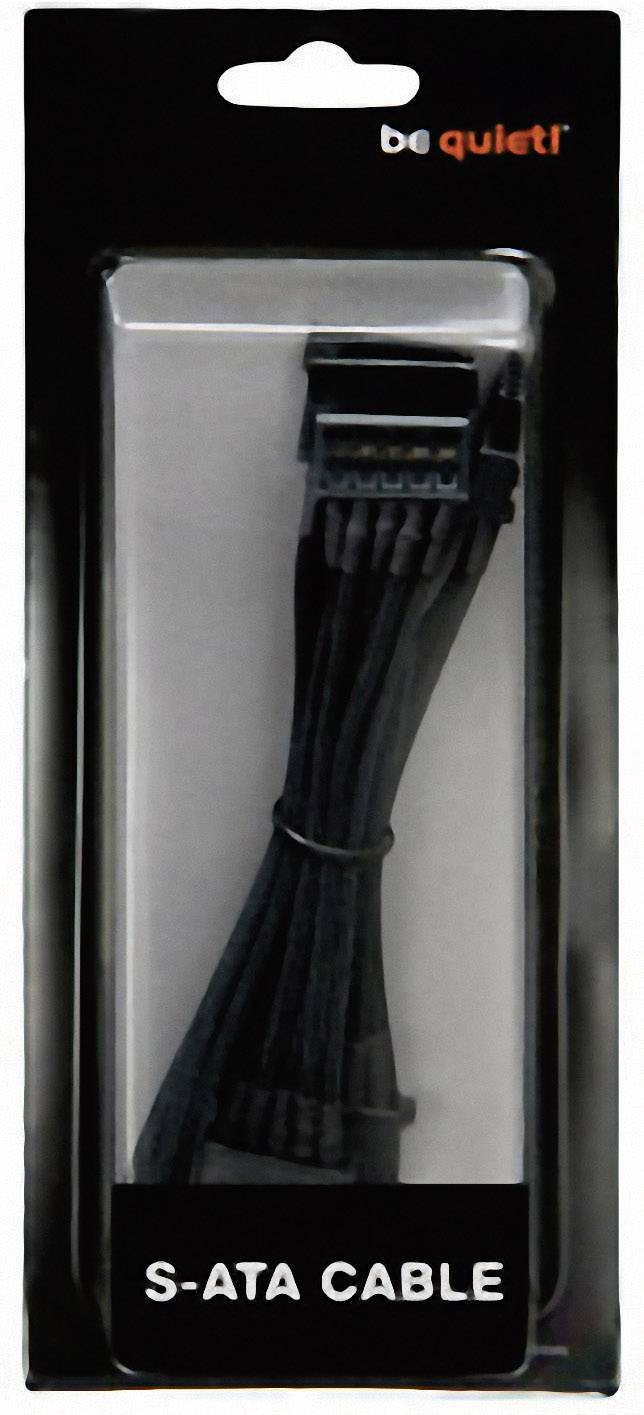 Schwarzes S-ATA-Kabel in Verpackung von "be quiet!". Geeignet für den Anschluss von Speichergeräten. Verpackung mit sichtbarem Logo.