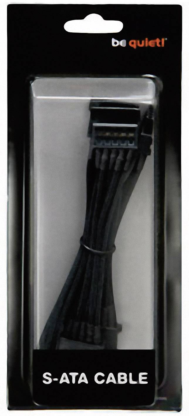 'Be quiet!' SATA-Kabel in schwarzer Verpackung. Kabel ist gewickelt und in durchsichtigem Kunststoffbehälter.