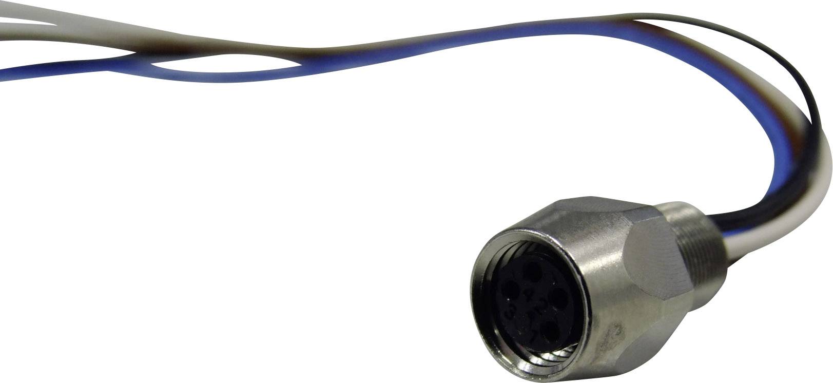 Ein Metallstecker mit sechs Löchern und drei herausragenden Kabeln in Blau, Braun und Weiß zur elektrischen Verbindung.