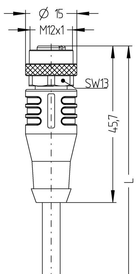 Steckerdraufsicht mit M12-Gewinde, Gesamtlänge 45,7 mm, Durchmesser 15 mm; technische Zeichnung mit Maßangaben.