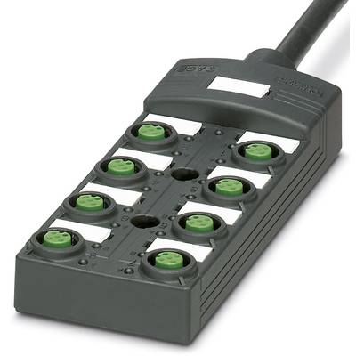 Ein industrieller Verteilerblock mit acht grünen Steckplätzen für Kabelverbindungen, verwendet in automatisierten Systemen.