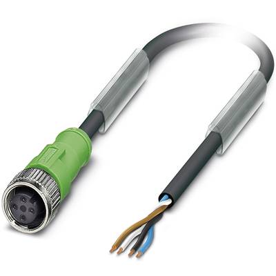 Ein schwarzes Kabel mit grünem Stecker und offenen, farbcodierten Drähten am anderen Ende für elektrische Verbindungen.