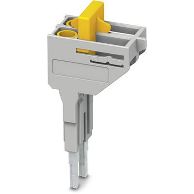 Grauer und gelber Steckverbinder mit zwei Kontakten, wahrscheinlich für elektrische Anwendungen.