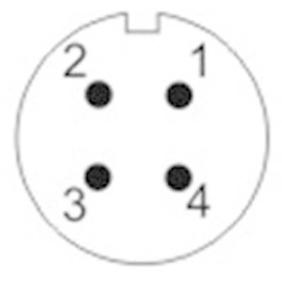 Ein runder elektrischer Stecker mit vier nummerierten Pins, beschriftet von 1 bis 4, in einem quadratischen Muster angeordnet.