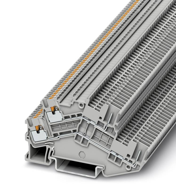 Graues Kunststoff-Profil einer elektrischen Reihenklemme mit orangenen Kontaktpunkten und einem Querschnitt, der Details zeigt.