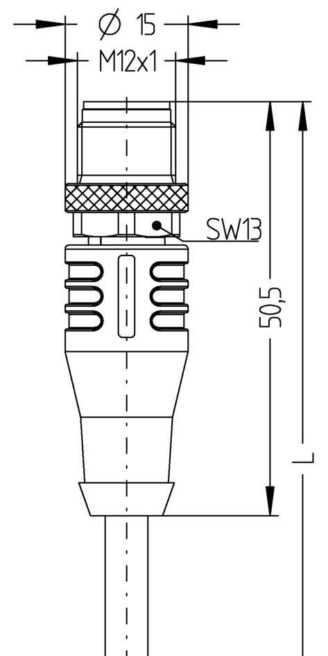 Technische Zeichnung eines Steckverbinders, zeigt Maße: Durchmesser 15 mm, Gewinde M12x1, Länge 50,5 mm. Markiert mit 'SW13'.