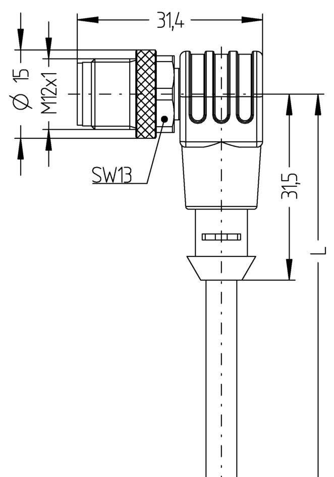 'Technische Zeichnung eines Steckers mit Kabel. Maße: Durchmesser 15 mm, Länge 31,4 mm, Schlüsselweite (SW) 13. Gewinde M12x1.'