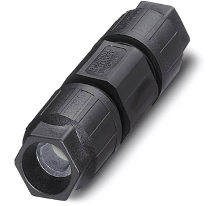 Eine schwarze, zylindrische Halterung mit sechseckigen Enden, die eine Linse oder ein kleines Licht enthält, möglicherweise ein Taschenlampengehäuse.