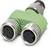 Grüner M8 T-Stecker-Verteiler mit zwei Buchsen, verwendet in Automatisierungsanwendungen zur Signalübertragung.