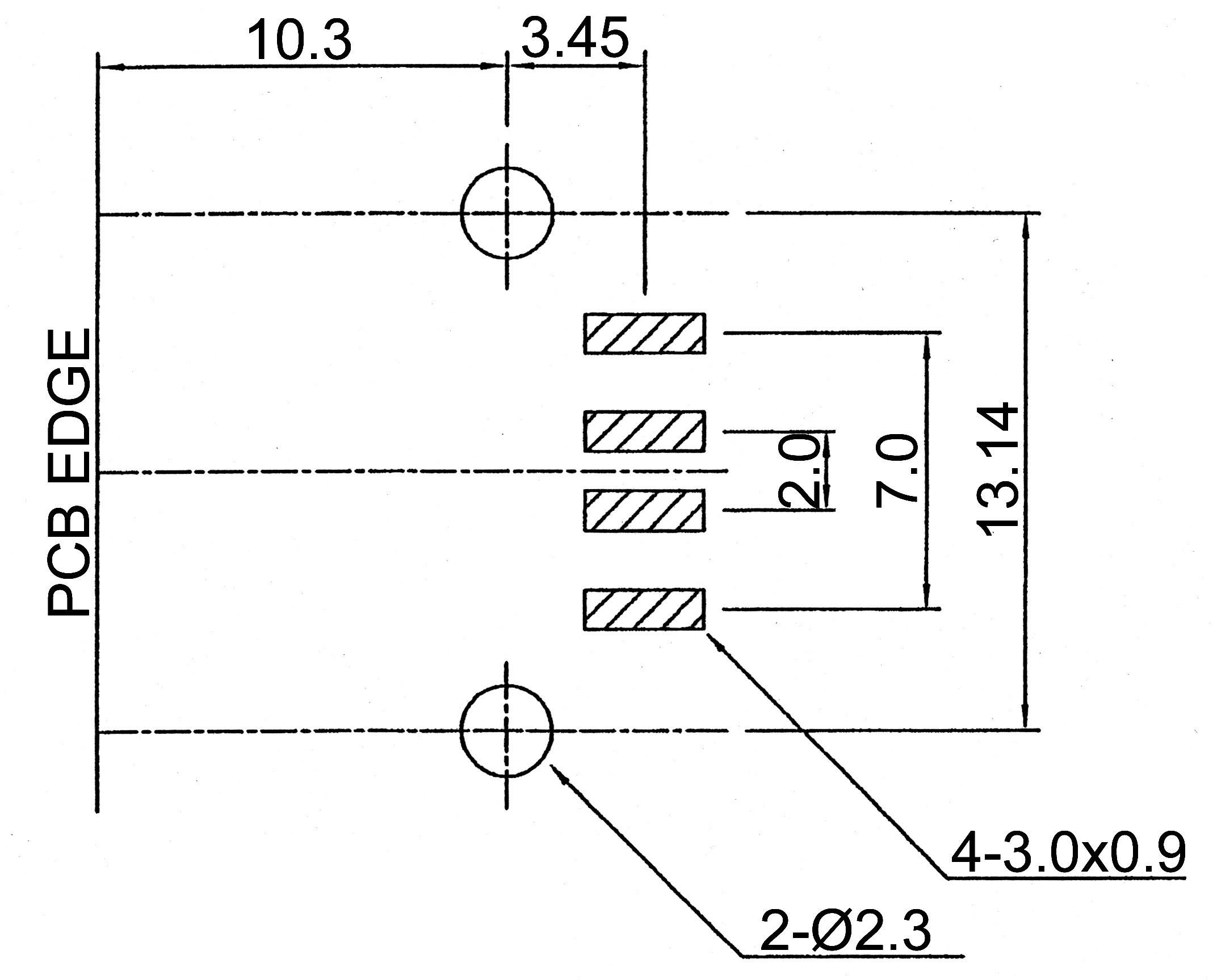 'Technische Zeichnung mit Maßen und Bohrlöchern. Oben links: 10,3 mm, 3,45 mm. Rechts: 13,14 mm, 7 mm Abstand, 2 mm Breite.'