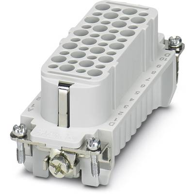 Ein grau-weißer elektrischer Stecker mit mehreren Anschlussbuchsen, Schrauben an den Ecken und Nummernmarkierungen entlang der Kante.