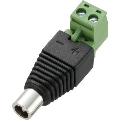 Ein schwarzer und grüner Steckeradapter mit einem Koaxialstecker auf der einen und zwei Schraubklemmen auf der anderen Seite.