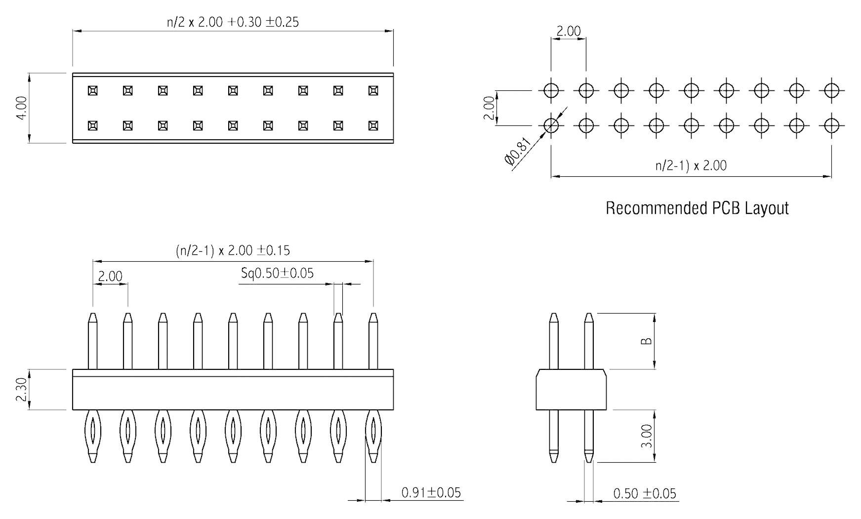 Technische Zeichnung eines Platinensteckers mit Maßen. Oben Ansicht von oben, unten Seitenansicht. Empfohlenes PCB-Layout rechts.