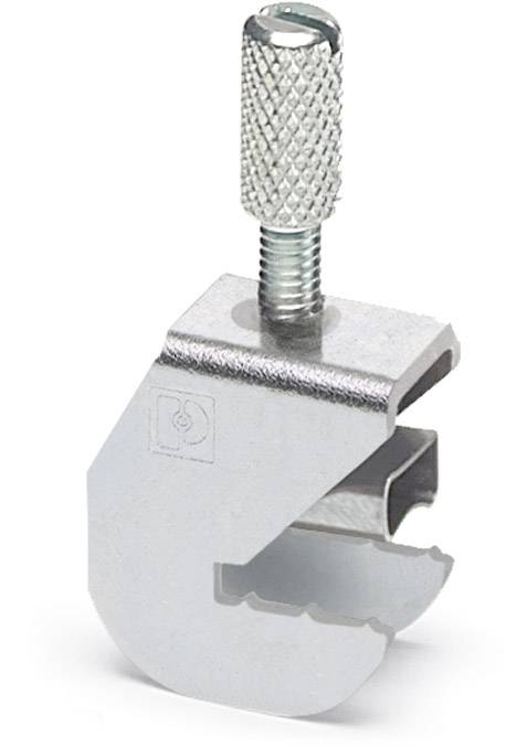 Eine silberne Klemme mit geriffeltem Griff und eingeprägtem Logo. Geeignet für die Befestigung von Objekten an Metallstrukturen.