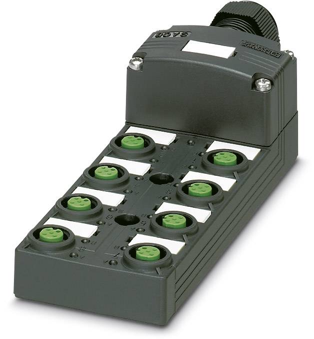 Ein schwarzer Verteilerblock mit acht runden, grünen Steckverbindern in zwei Reihen. Oben befindet sich ein Steckanschluss.