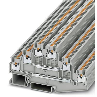 Ein mehrstöckiger grauer Reihenklemmenblock mit orangefarbenen Hebeln, der zur elektrischen Verdrahtung in Schaltschränken verwendet wird.