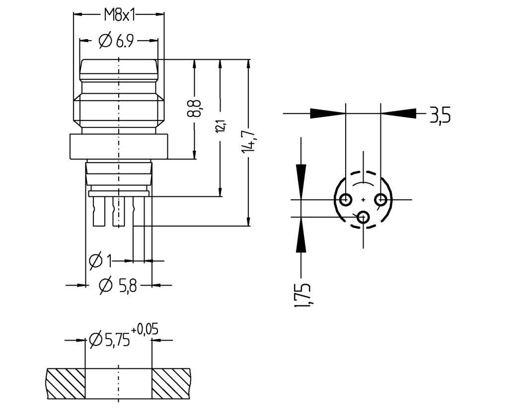 Technische Zeichnung eines Rundsteckers mit Maßen: M8x1, Länge 8.8 mm, Außendurchmesser 5,8 mm; Lochabstände 3,5 mm, 1,75 mm.