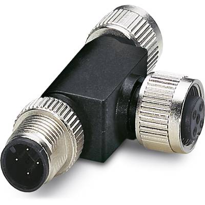 Ein schwarzer, T-förmiger elektrischer Adapter mit metallischen Steckern an den Enden ist abgebildet.