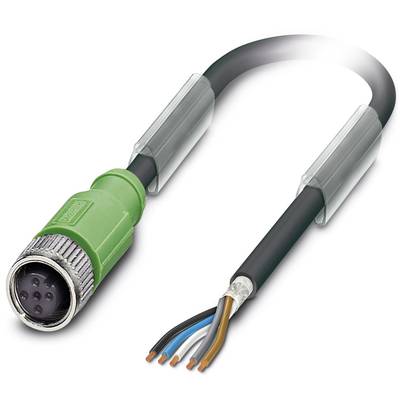 Ein ungeschirmtes, mehradriges Kabel mit grünem M12-Stecker links und freiliegenden Kupferdrähten rechts, bereit zur Verbindung.