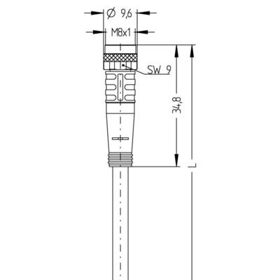 Technische Zeichnung eines M8-Steckverbinders mit Abmessungen: Gesamtlänge 34,8 mm, Steckdurchmesser 9,6 mm, Gewinde M8x1.