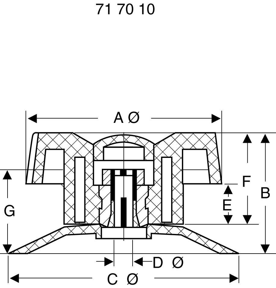 Schnittzeichnung eines technischen Bauteils mit verschiedenen gekennzeichneten Maßen: A, B, C, D, E, F, G.