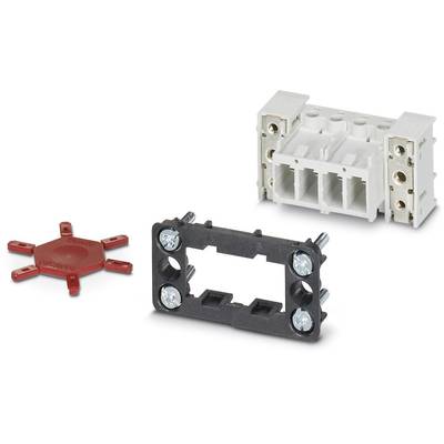 Ein weißer Mehrfachstecker, eine schwarze Montagehalterung mit Schrauben und ein roter Montageadapter liegen auf einer weißen Fläche.
