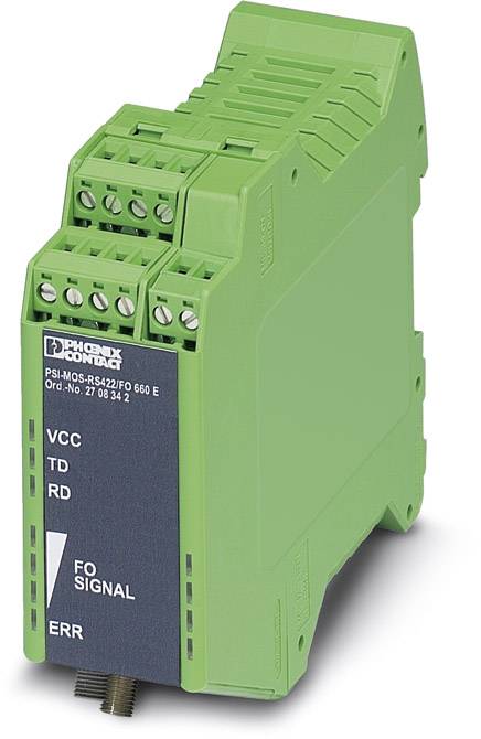 Ein grünes elektronisches Gerät mit mehreren Anschlussklemmen und Beschriftung 'VCC', 'TD', 'RD', 'FO SIGNAL', 'ERR'.