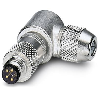 Silberner Stecker mit vier goldenen Pins und geriffeltem Schraubverschluss, angewinkelt. Verwendet für industrielle Verbindungen.