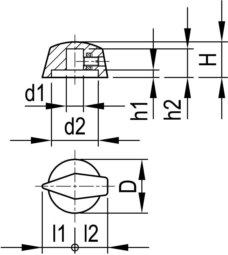 Technische Zeichnung eines Knopfes mit Maßangaben: d1, d2, h1, h2, D, l1, l2 und H. Seiten- und Draufsicht dargestellt.