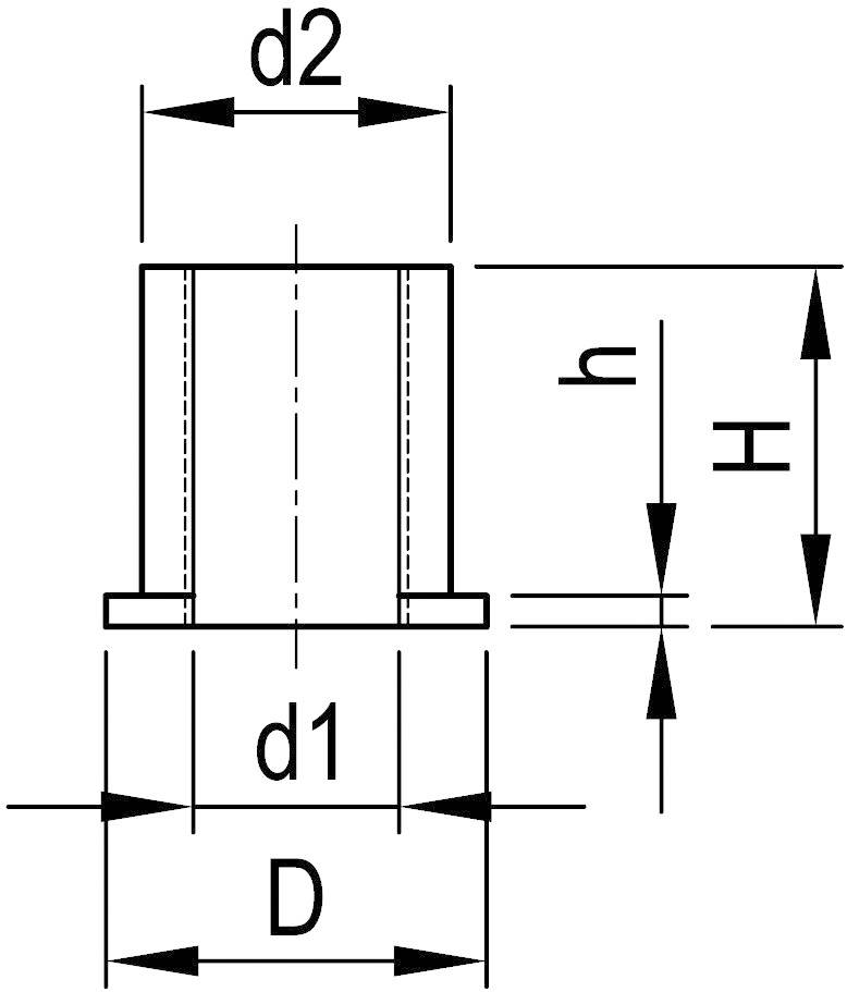 Technische Zeichnung eines zylindrischen Bauteils mit den Bezeichnungen 'd2', 'd1', 'D', 'h' und 'H' für Durchmesser und Höhenmaße.