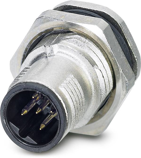 Stecker mit mehreren Metallkontakten, festem Gehäuse und schwarzem Rand, geeignet für industrielle Anwendungen.