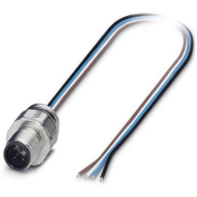 Ein Metallstecker mit vier offenen, farbigen Kabeln: schwarz, blau, weiß und braun.