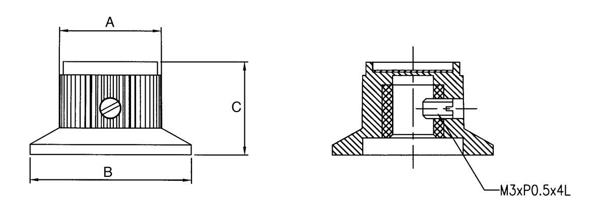Technische Zeichnung eines Bauteils mit frontaler und seitlicher Ansicht, zeigt Maße A, B, C und Gewindeschraubendetails M3xP0,5x4L.