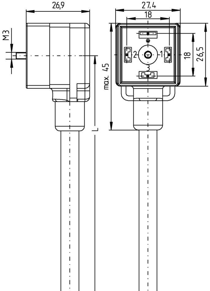 Technische Zeichnung eines elektrischen Steckers mit Abmessungen: Breite 26,9 mm, Höhe 27,4 mm, Höhe des Steckers 26,5 mm.