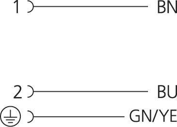 Diagramm zeigt zwei horizontale Linien mit Beschriftungen: '1 - BN', '2 - BU', und ein Erdungssymbol mit 'GN/YE'.