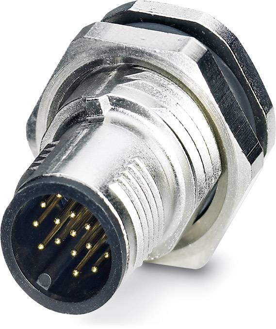 'Ein silberner zylindrischer Steckverbinder mit mehreren goldenen Pins, geeignet für industrielle oder elektronische Anwendungen.'
