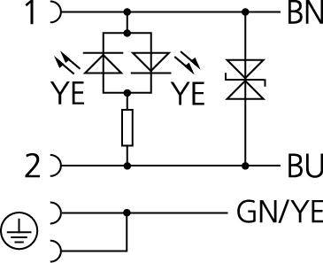 Elektrisches Schaltbild mit Bauteilen: links Dioden mit gelber (YE) Markierung, rechts eine Diode, Anschlüsse 1 (BN) und 2 (BU) oben.