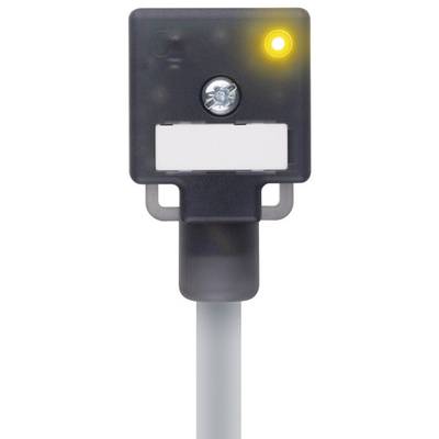 Ein schwarzer Sensor mit einer LED-Anzeige, die gelb leuchtet, ist an einem Kabel angeschlossen.