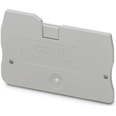 Graue Abdeckplatte mit Aufschrift 'PHOENIX CONTACT Typ D-QTC 1,5/P'. Sie wird zur Abdeckung und Isolierung von elektrischen Klemmen benutzt.