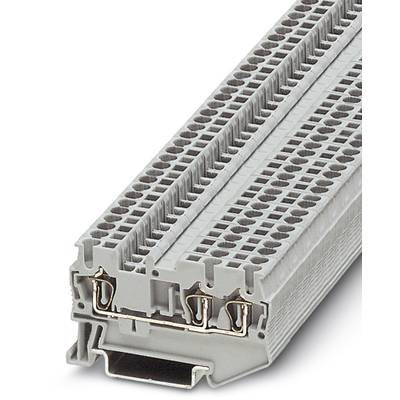 Graue elektrische Klemme mit mehreren Kabelanschlüssen und stabiler Konstruktion zur Verbindung elektrischer Schaltkreise in Schaltschränken.