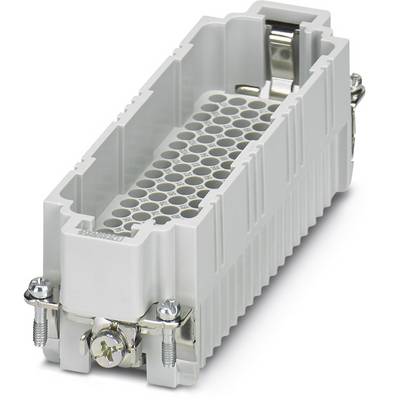 Ein rechteckiger, grau-weißer elektrischer Steckverbinder mit sechseckigen Öffnungen, befestigt durch Metallschrauben an den Ecken.